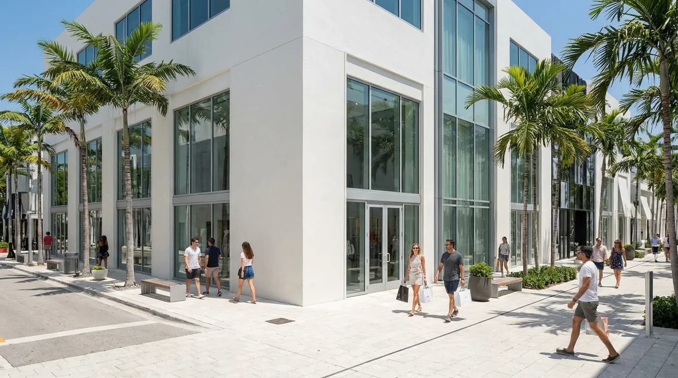 Design District street corner with palm trees and modern architecture