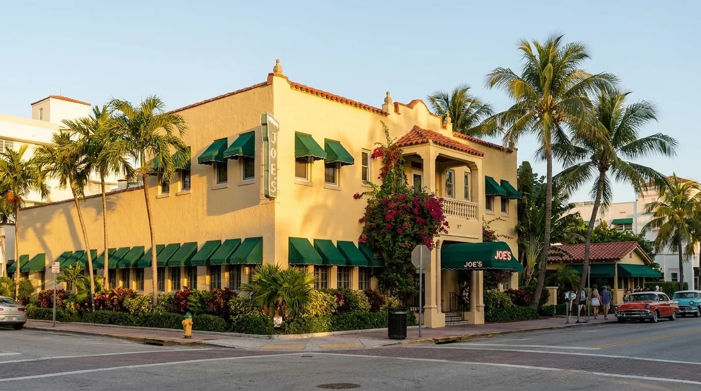 Exterior of Joe's Stone Crab on Washington Avenue in Miami Beach with its iconic signage