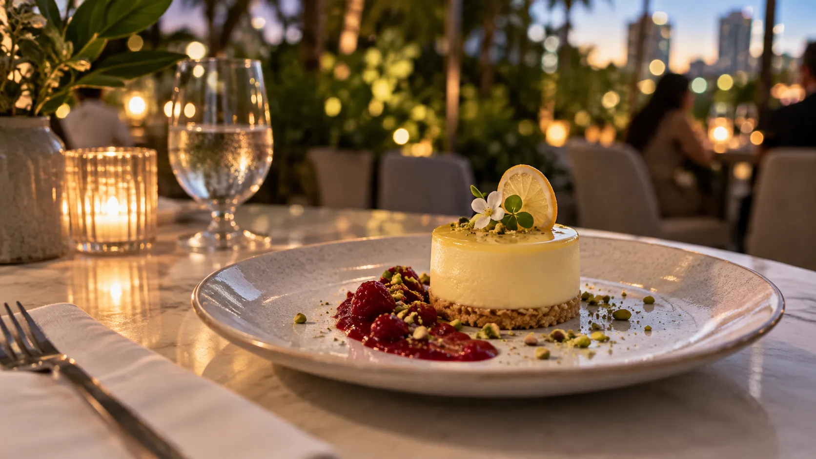 Yuzu mousse with raspberry compote and pistachio crumbs on a pale table, framed by Le Jardinier’s softly blurred green-and-gold dining room.