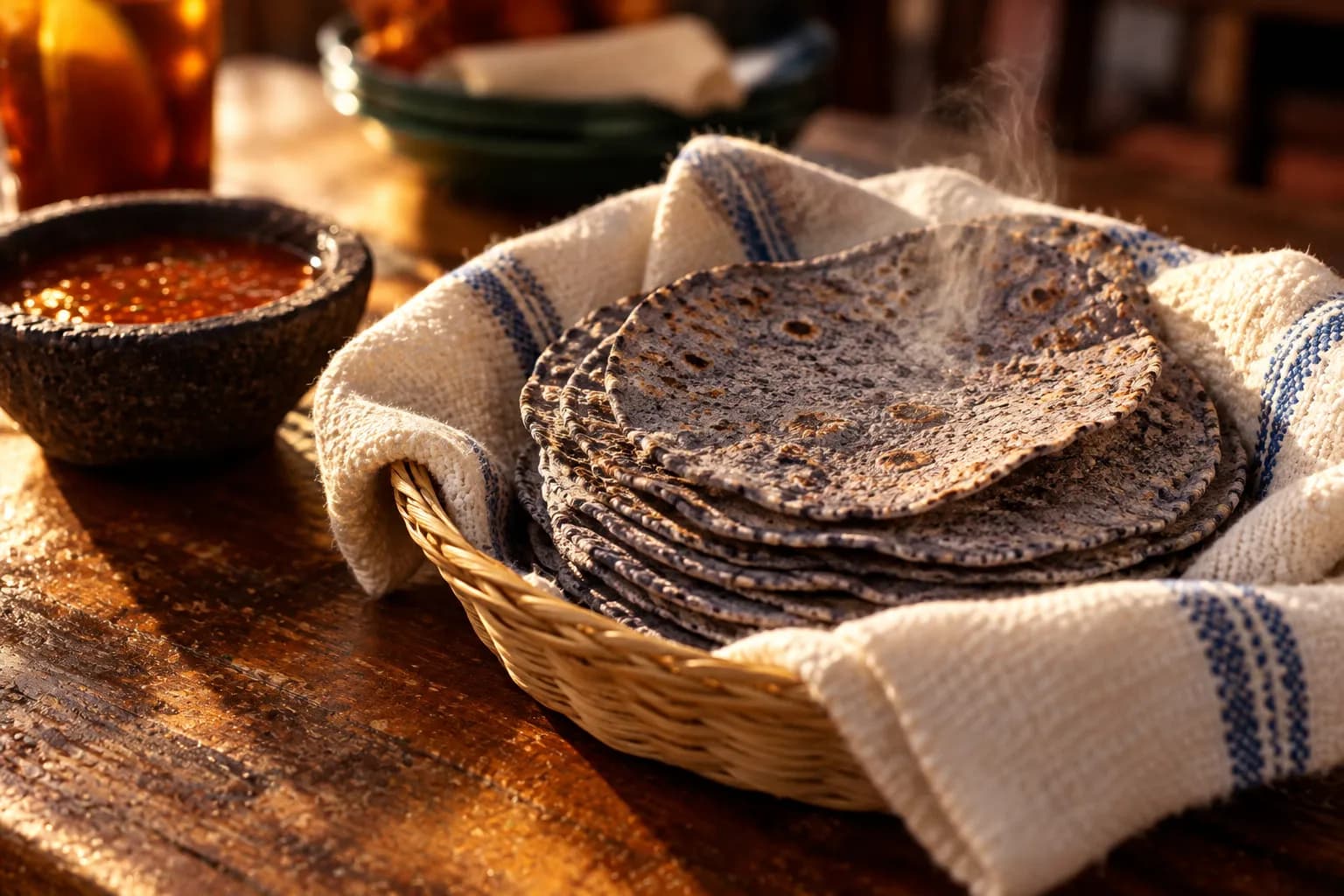 Fresh blue corn tortillas stacked in a cloth on a wooden surface
