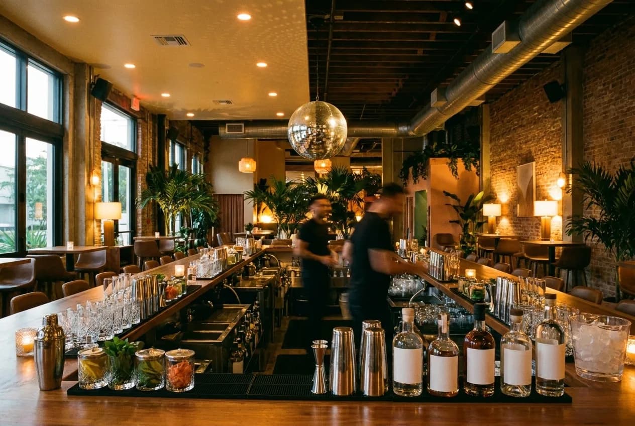A new restaurant's bar counter before the room fills for the evening