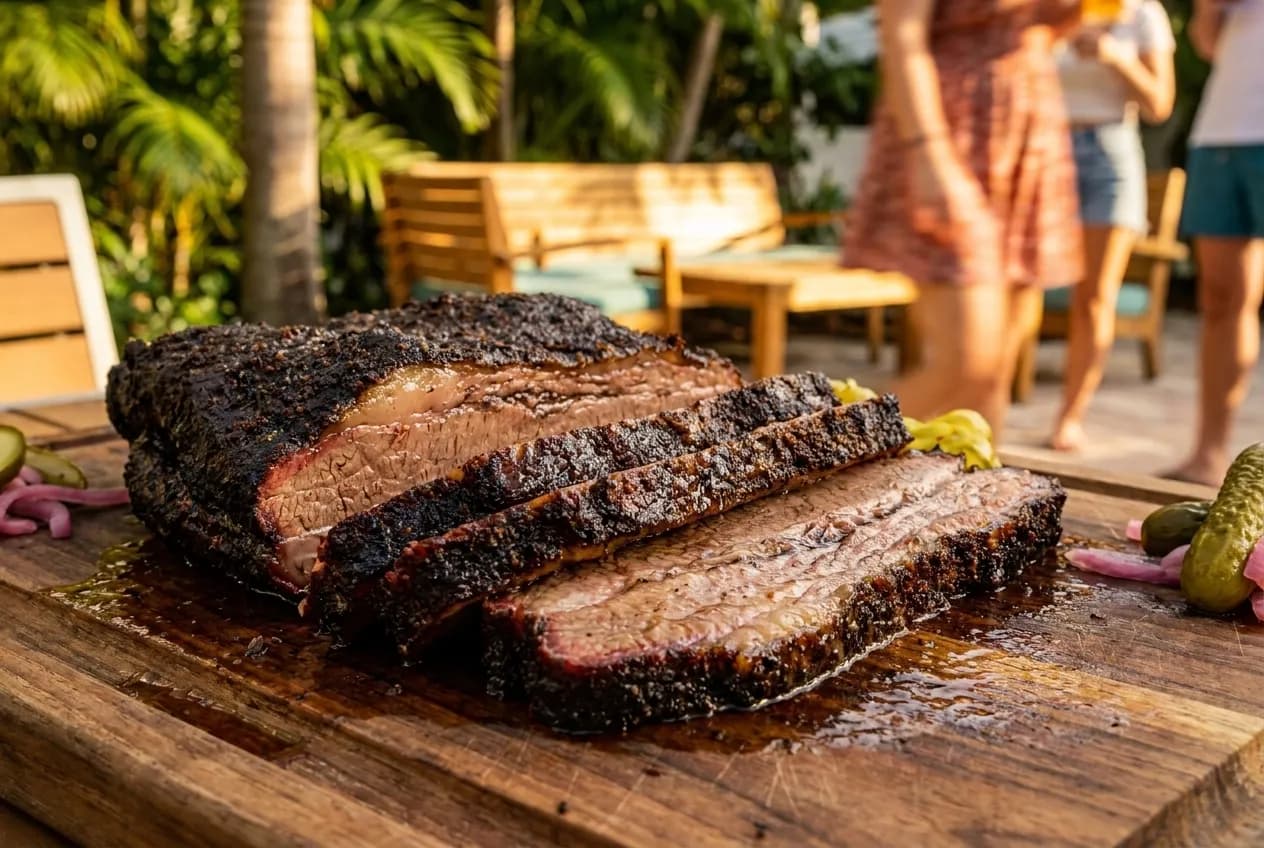 Sliced smoked meat on a board at close range, the bark still dark