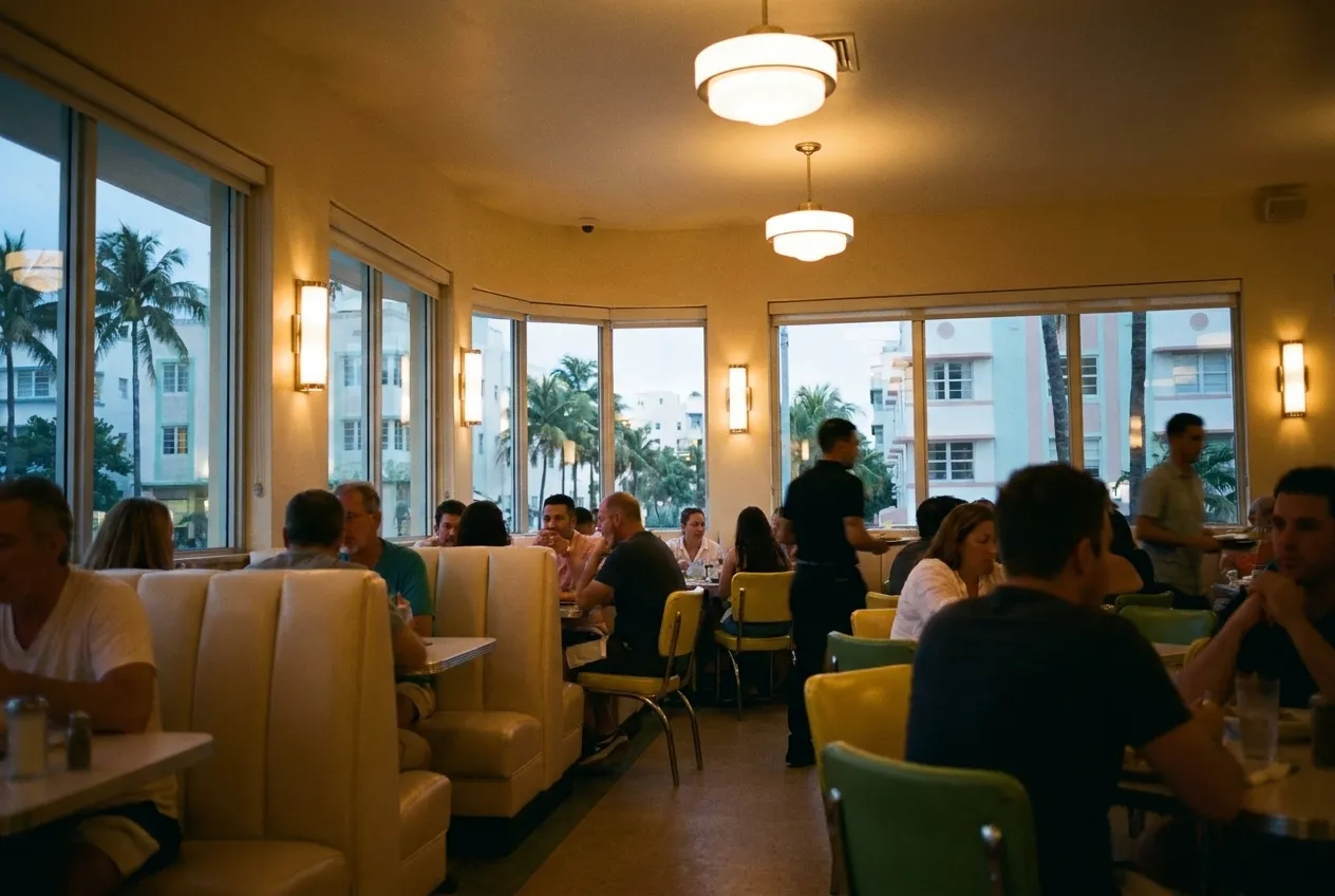 A dining room filling at the start of an evening service, light low and warm