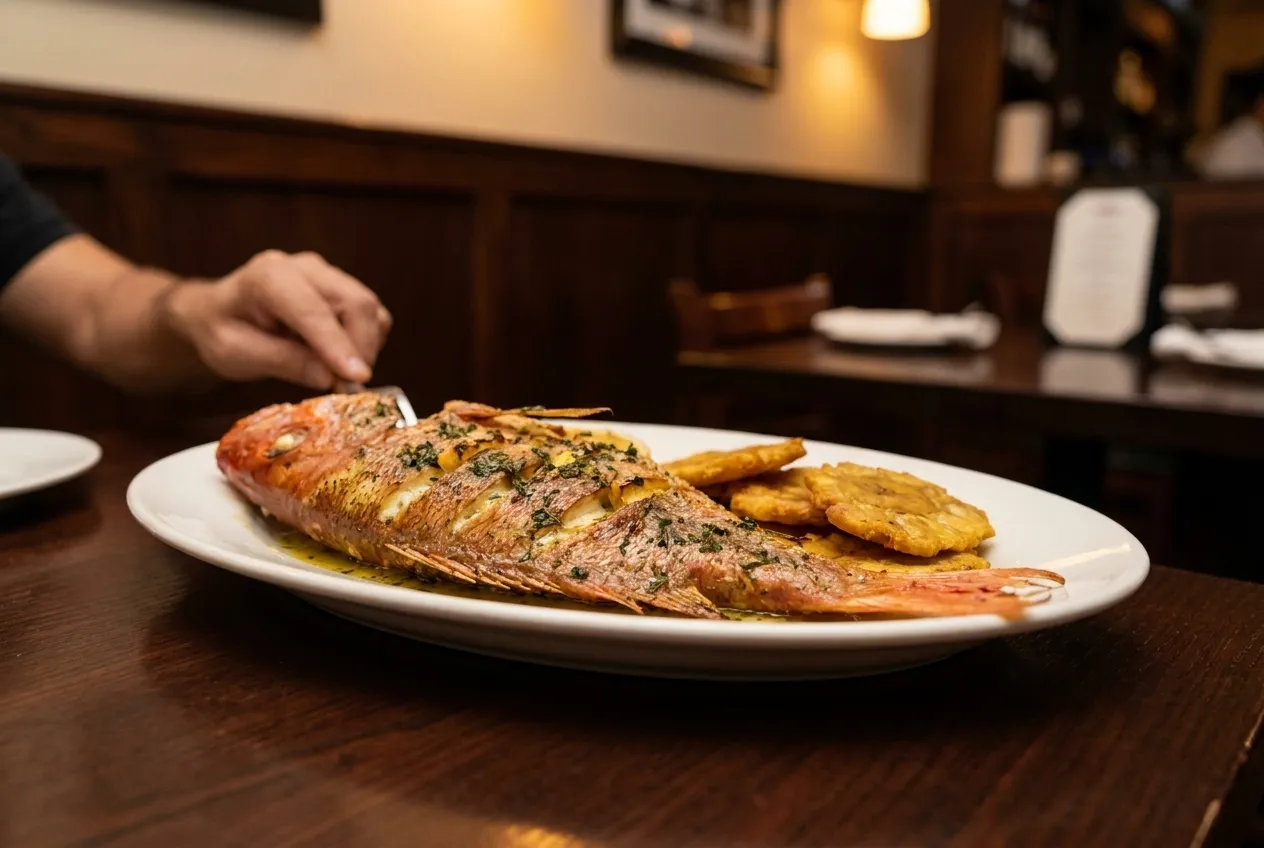 A single course photographed close on a dark table mid-service