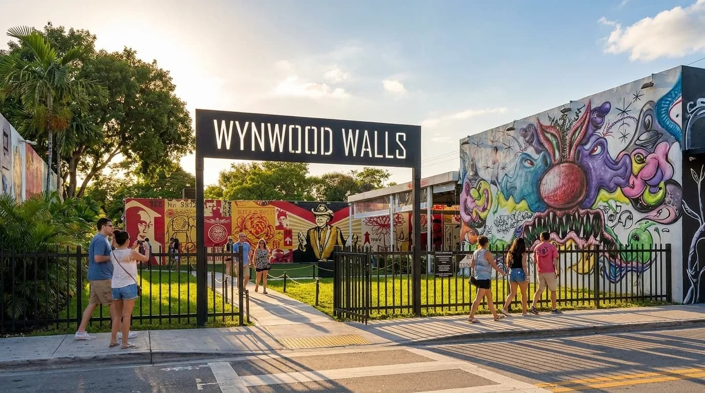 Colorful street art murals in Miami's Wynwood neighborhood under bright afternoon sun