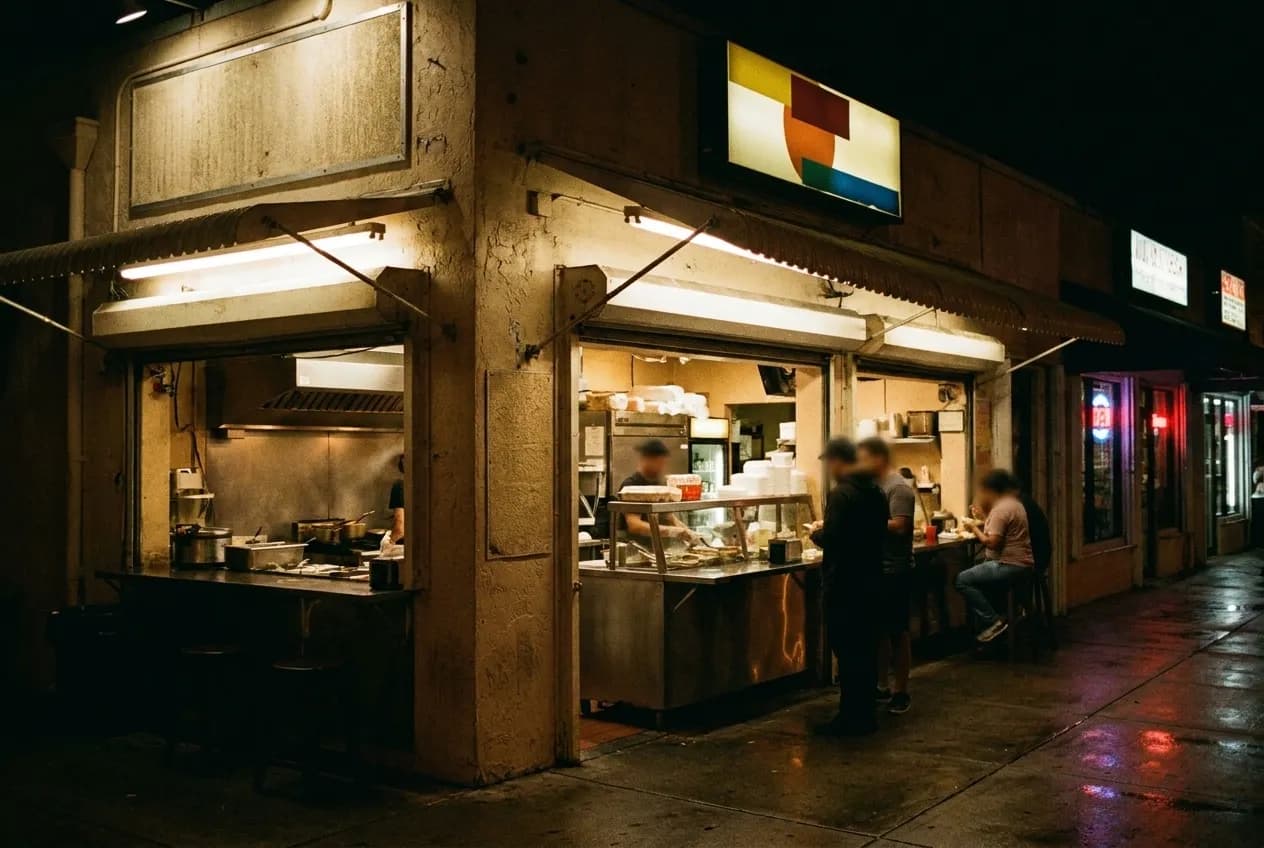 A small counter lit from inside on a low commercial street after dark