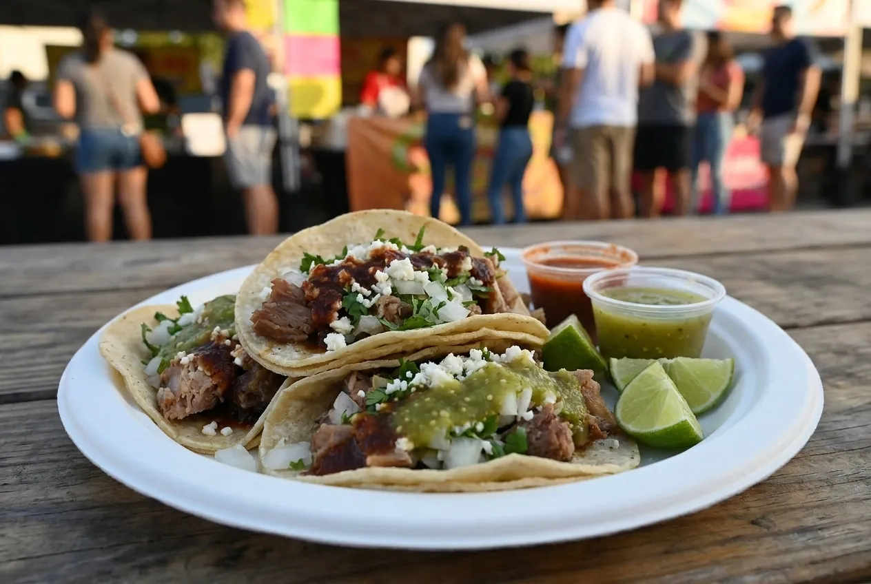 Three tacos on a paper plate with lime and two salsas beside them