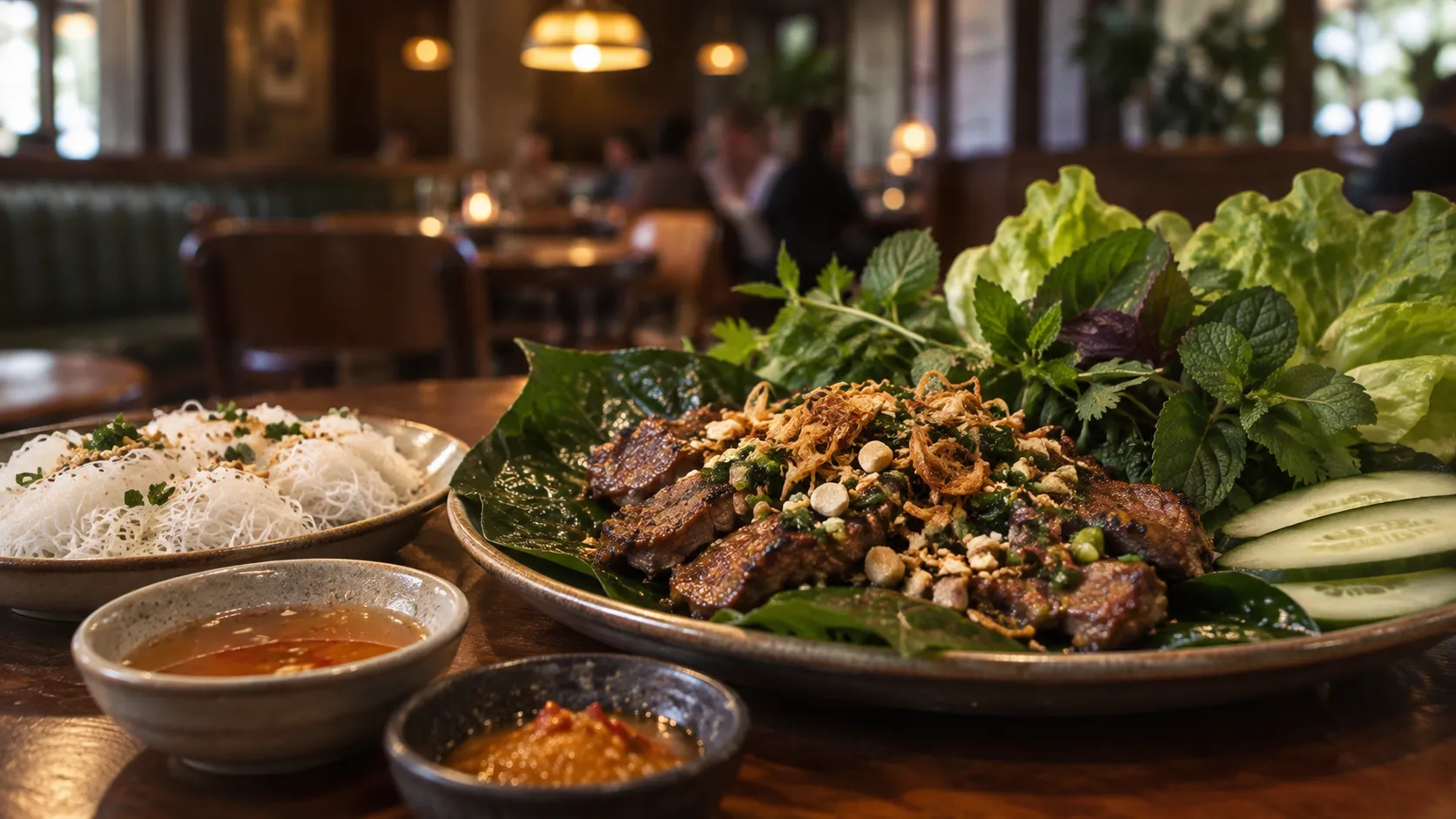 Betel-leaf lamb platter beside bánh hỏi noodles, lettuce, cucumber and herbs under warm pendant light in Tâm Tâm’s dark wood dining room