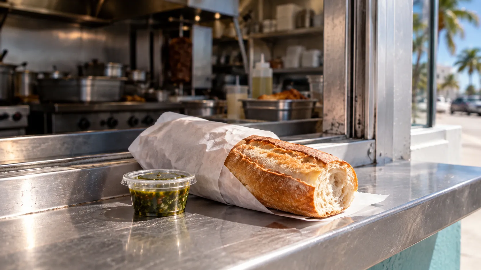 Paper-wrapped baguette and sauce container beside Tran An's takeout window, with the open kitchen softly blurred behind in bright midday light.