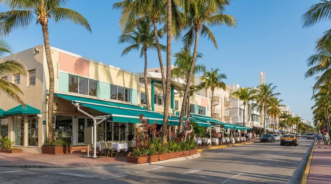 Ocean Drive in South Beach Miami with art deco buildings and palm trees