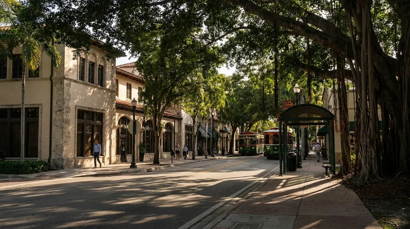 Tree-lined street in Coral Gables near Books & Books