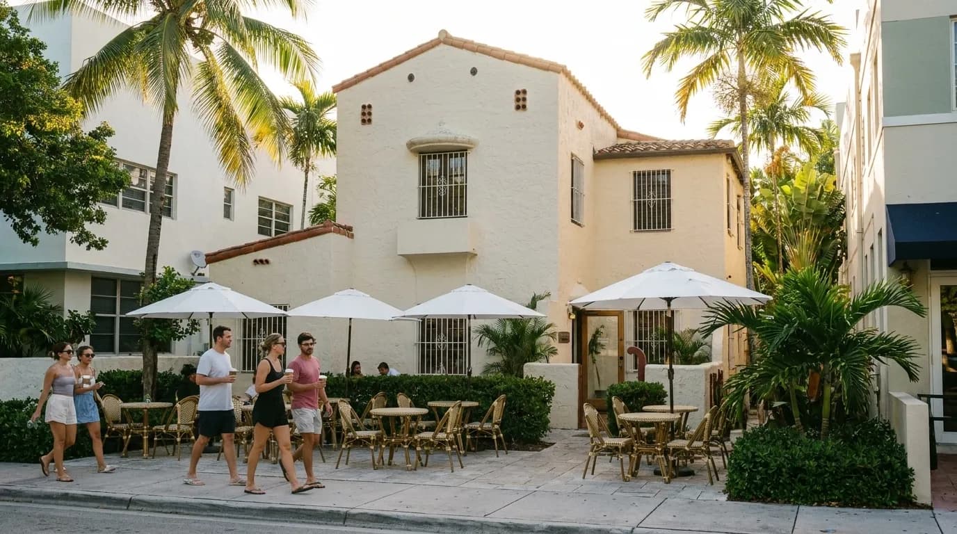 Sunlit sidewalk cafe tables in Coconut Grove, Miami, with palm trees and pedestrians