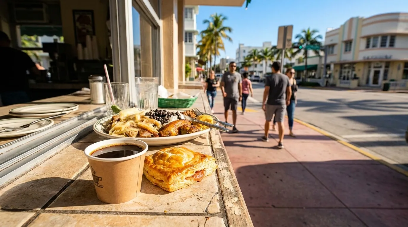 Cuban coffee and pastelito on counter at Miami ventanita