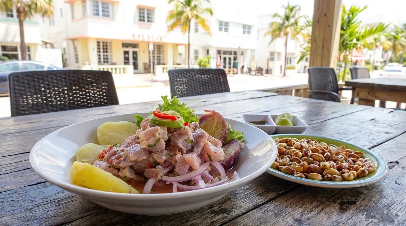 Fresh ceviche with citrus-cured fish, red onion, and cilantro in a white bowl