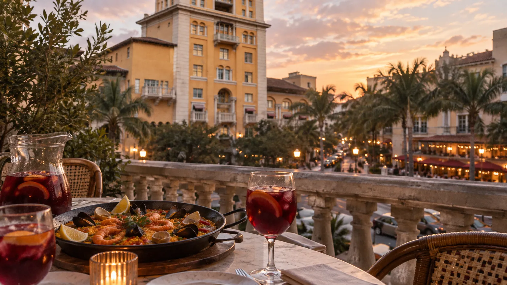 From Bulla's outdoor terrace, paella and sangría catch early-evening light beyond a Coral Gables dining street and neighbouring blocks.