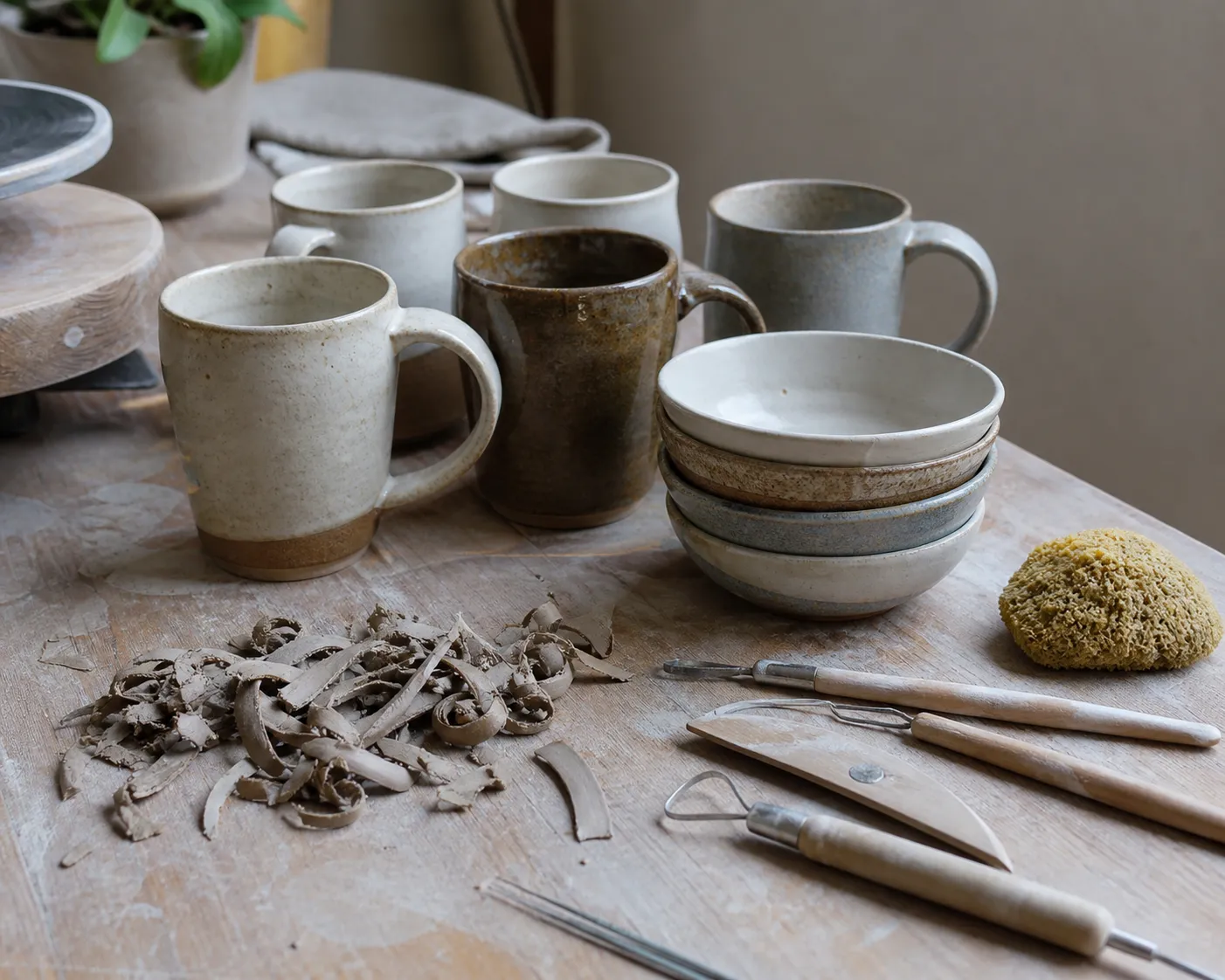 Hands shaping clay beside tools and a finished cup on a studio table