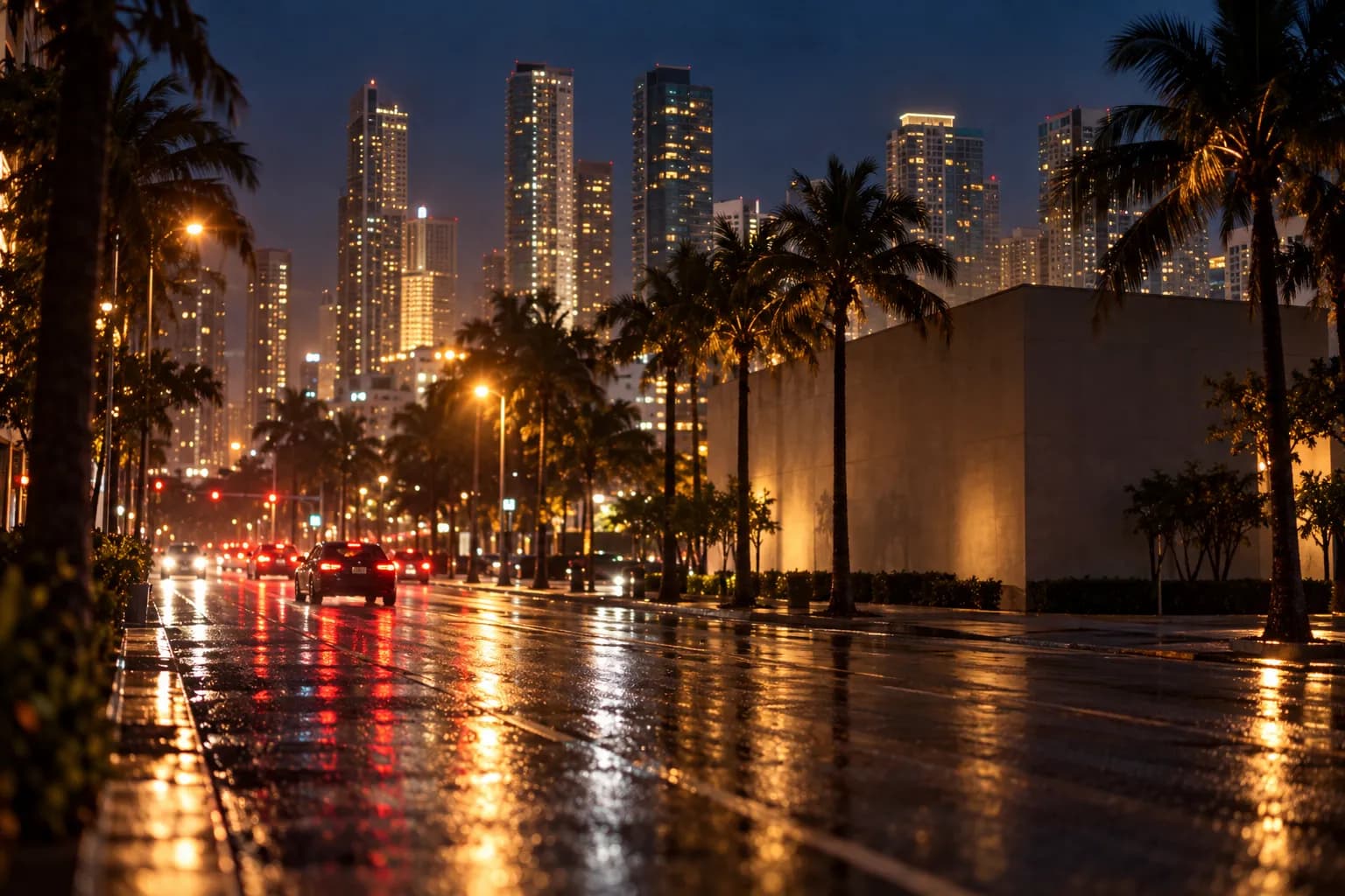 A downtown Miami street at night with tall buildings and palm trees
