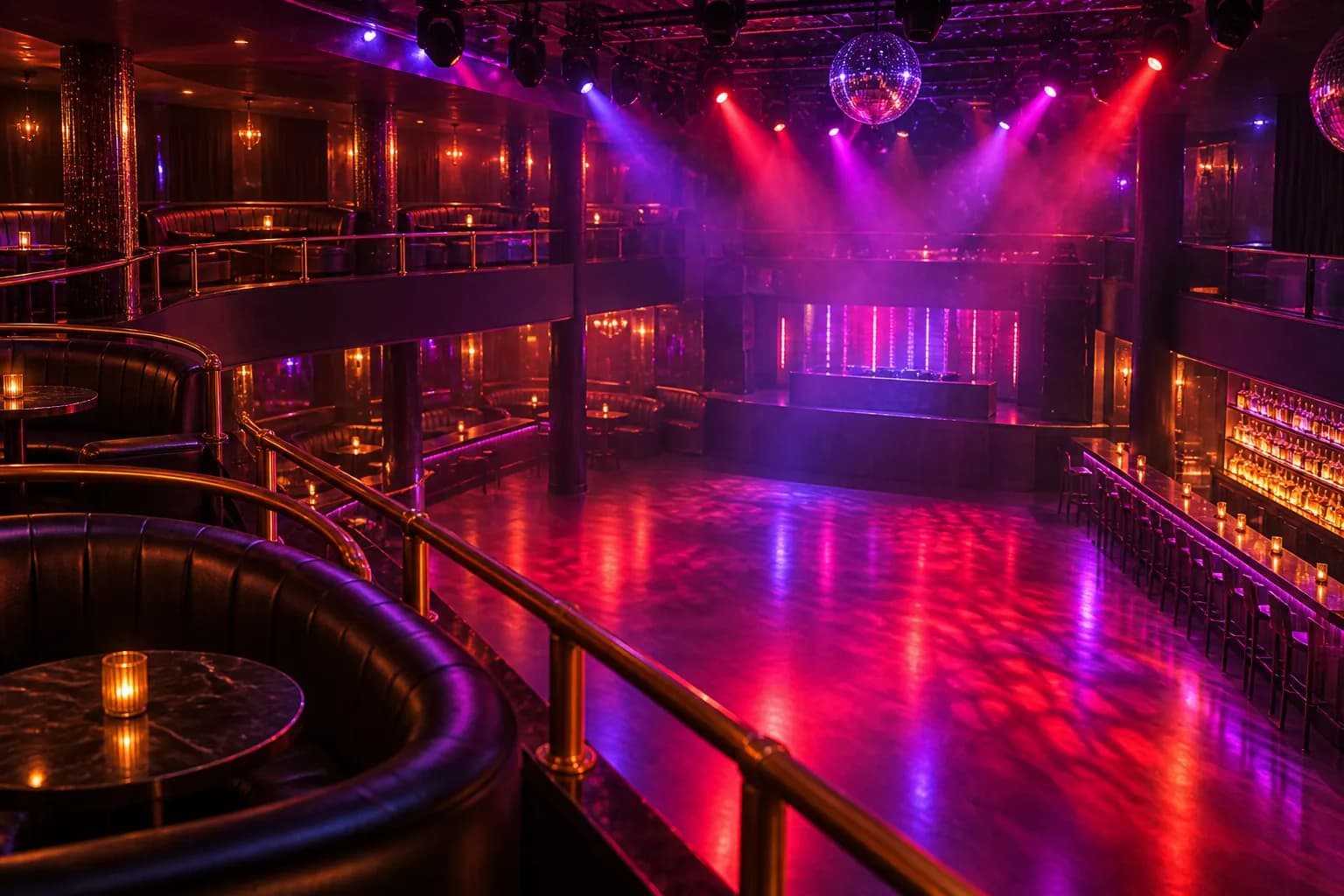 A multi-level club interior lit in red and violet, seen from a balcony