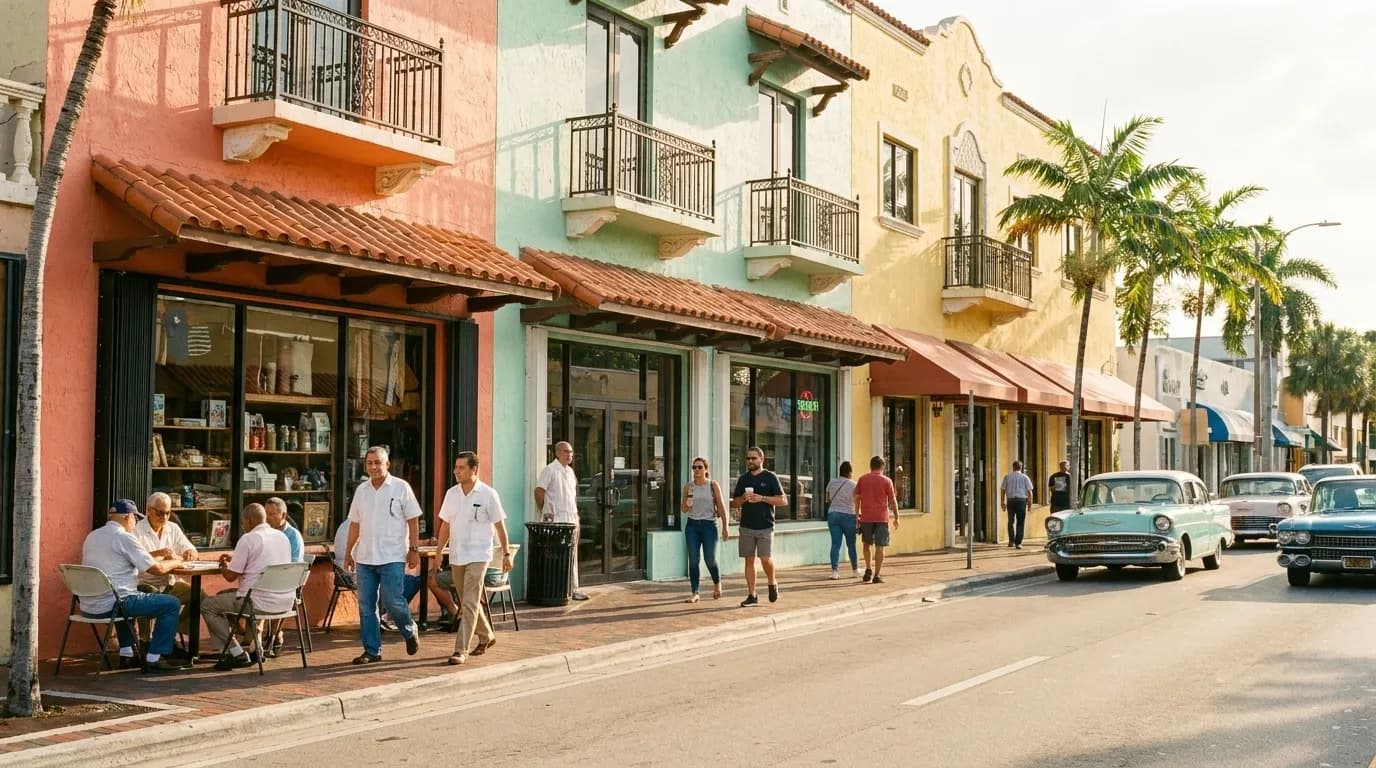 Colorful storefronts along Calle Ocho in Little Havana, Miami, with pedestrians and palm trees