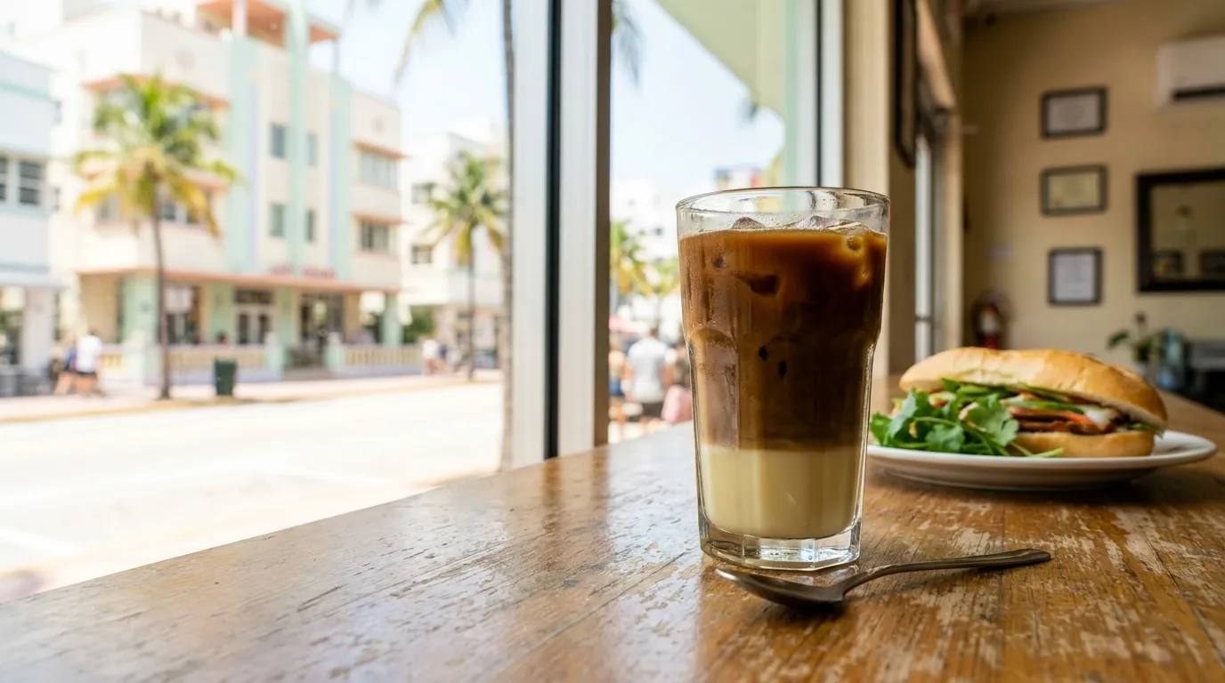 Glass of Vietnamese iced coffee with condensed milk on cafe table