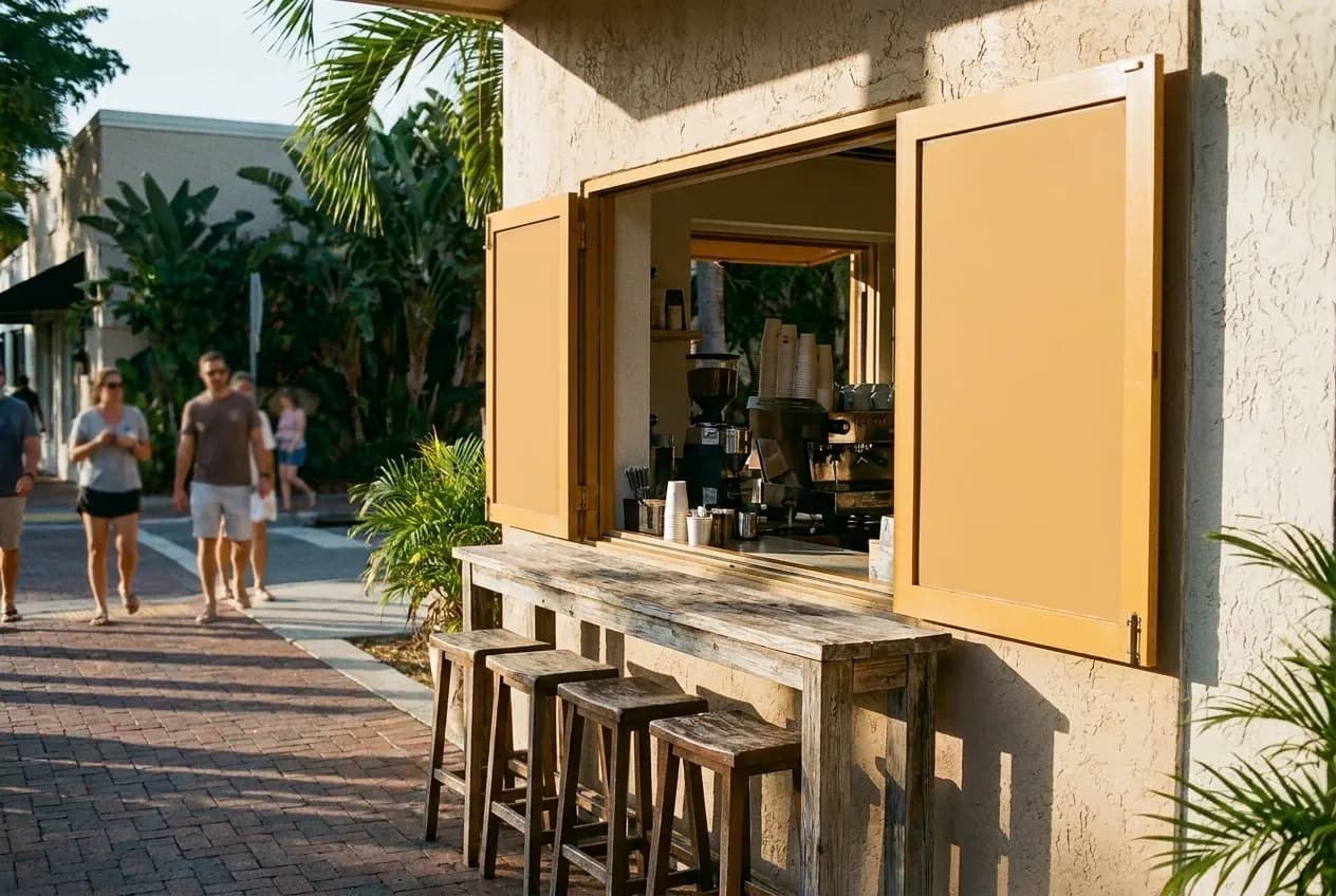 A coffee window onto the pavement with a narrow standing counter beneath it