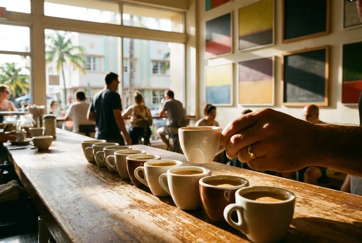A row of small cups filled at a counter, one already picked up