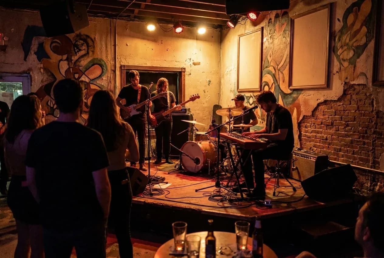 A band on a low stage in a small room, the crowd a few feet away
