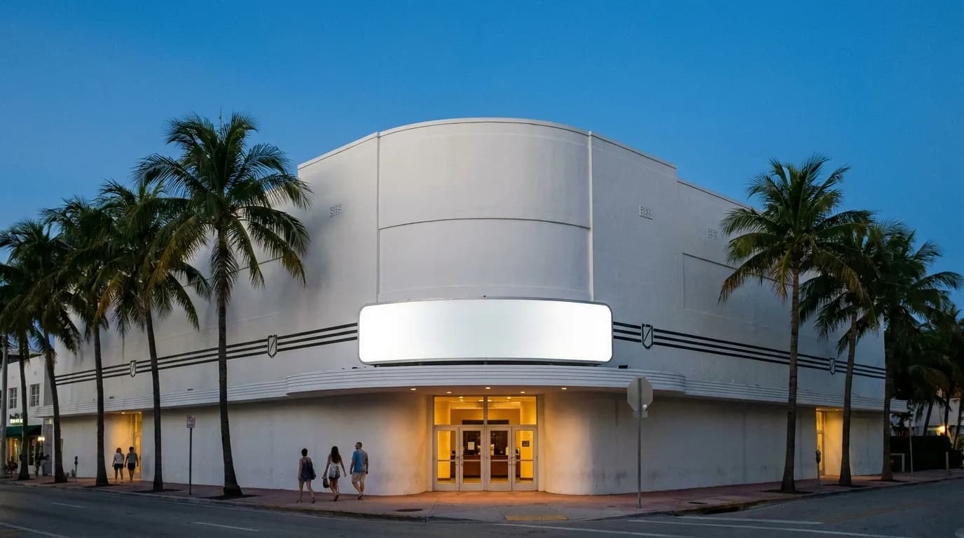 A curved white Art Deco auditorium building on Washington Avenue in Miami Beach under a deep blue evening sky.