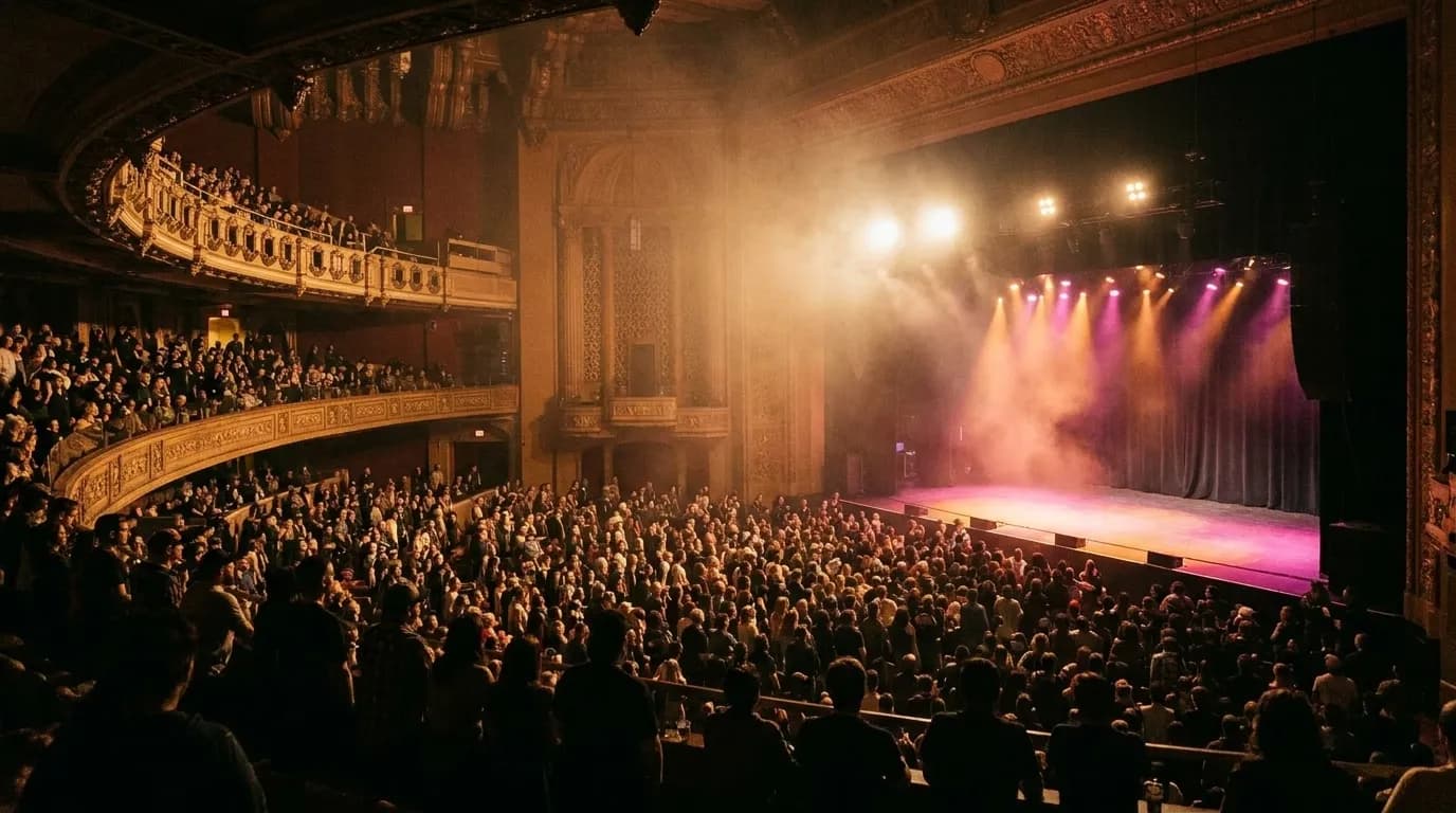 A wide theatre auditorium with a sweeping balcony and a broad stage lit in warm colour.