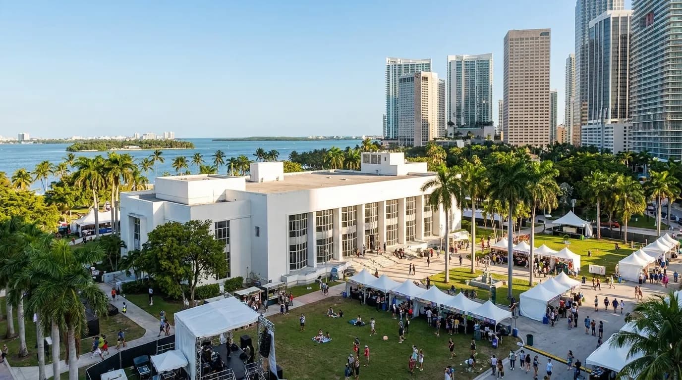 Bayfront Park with downtown Miami skyline and Biscayne Bay