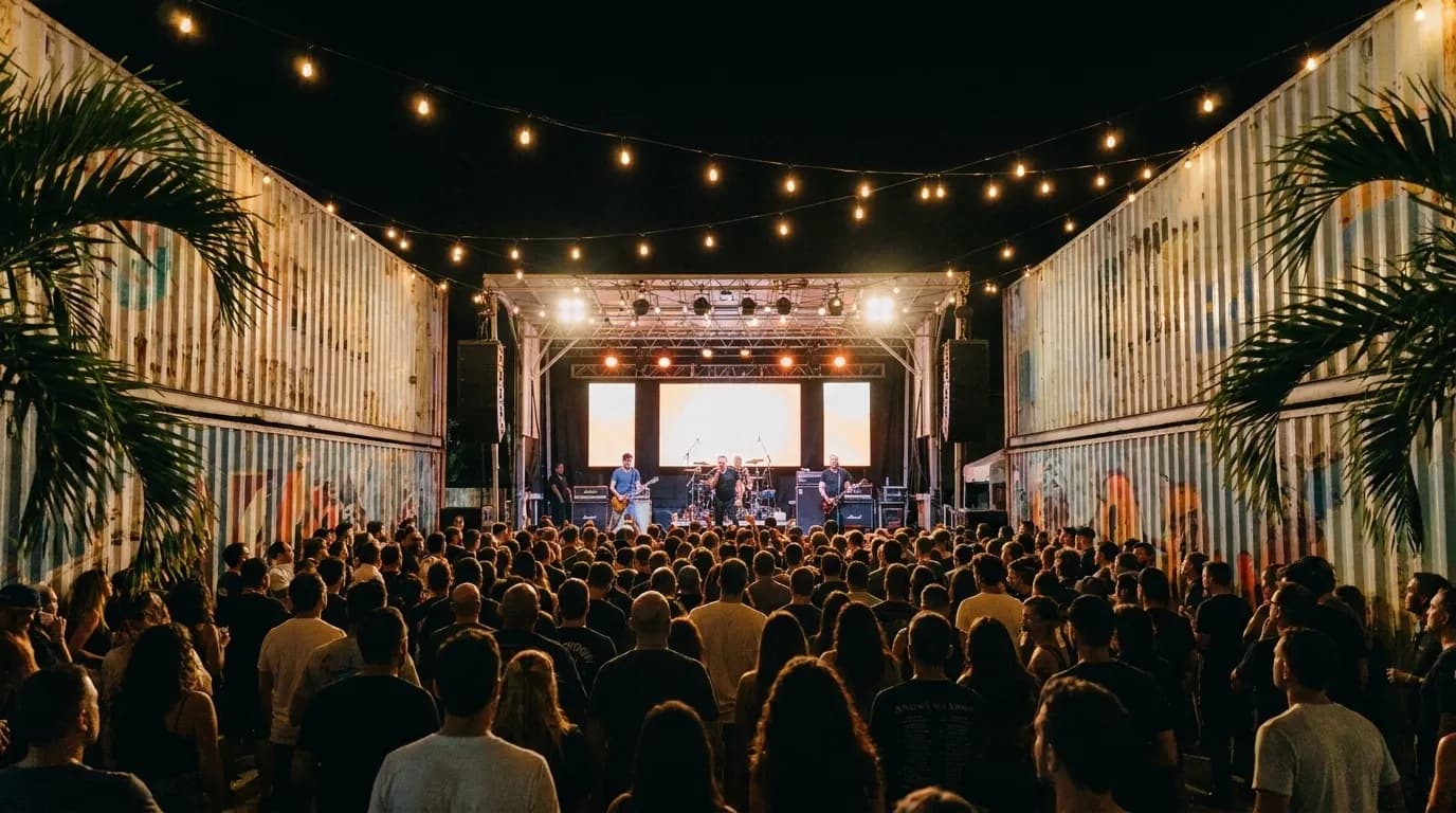 A crowd standing in an outdoor courtyard at night watching a band, string lights overhead and container walls on both sides.