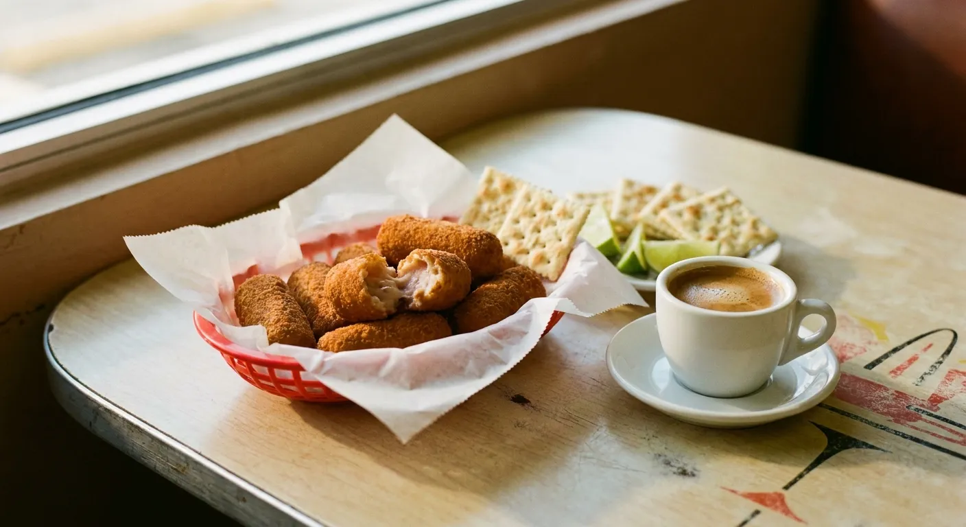 Paper basket of golden ham croquetas with saltines, lime wedges and a Cuban espresso cup on a formica table in Miami