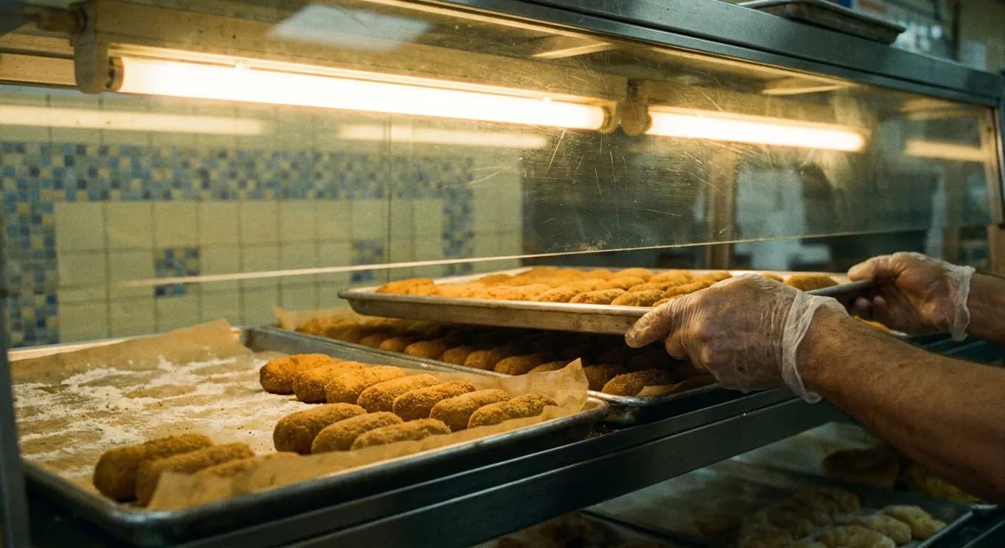 Metal trays of freshly breaded croquetas behind a Cuban bakery counter case in Miami