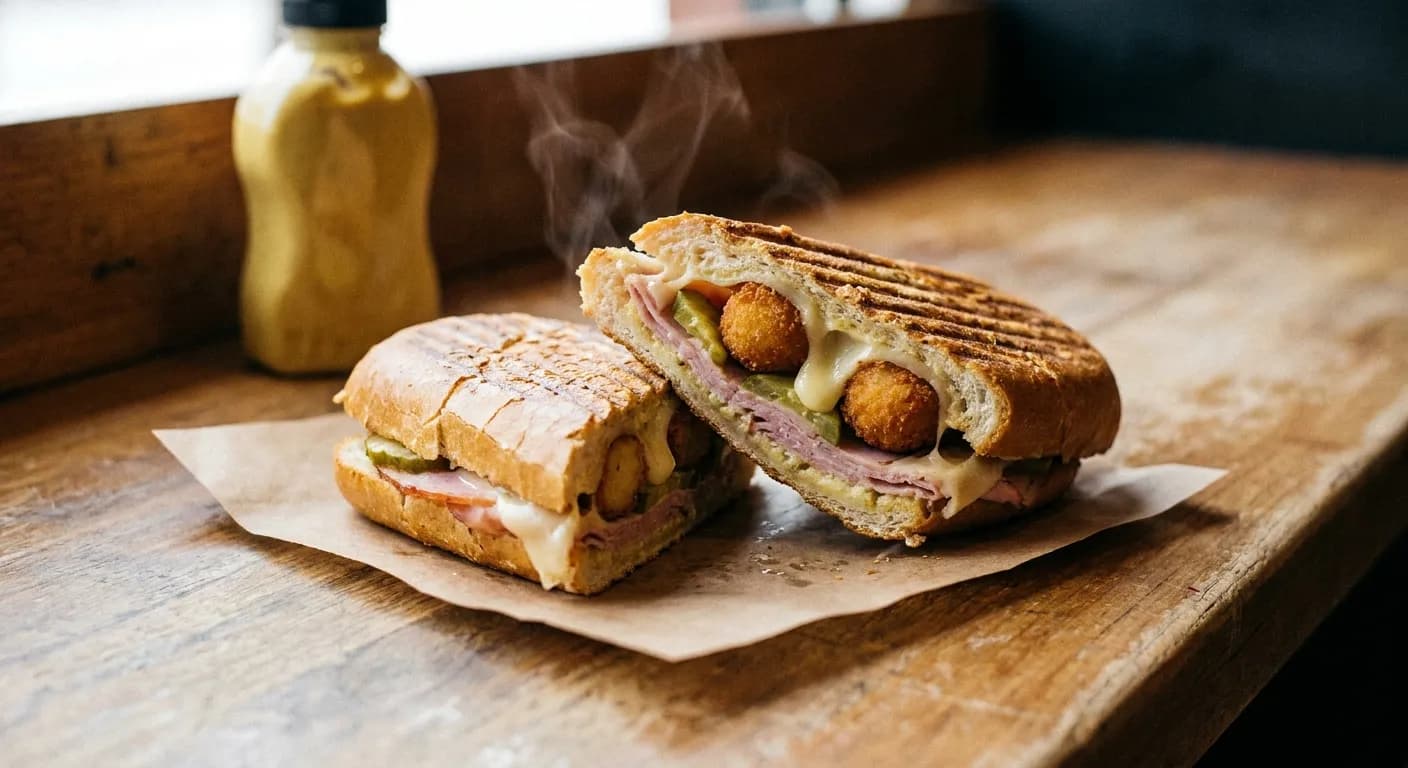 Croqueta preparada sandwich cut in half on butcher paper showing croquetas, ham and melted Swiss cheese inside pressed Cuban bread