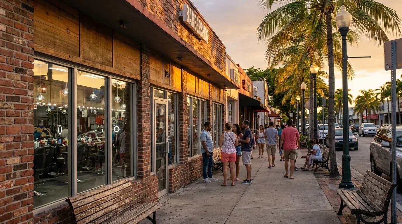 Calle Ocho street scene in Little Havana, Miami, with pedestrians and colorful storefronts
