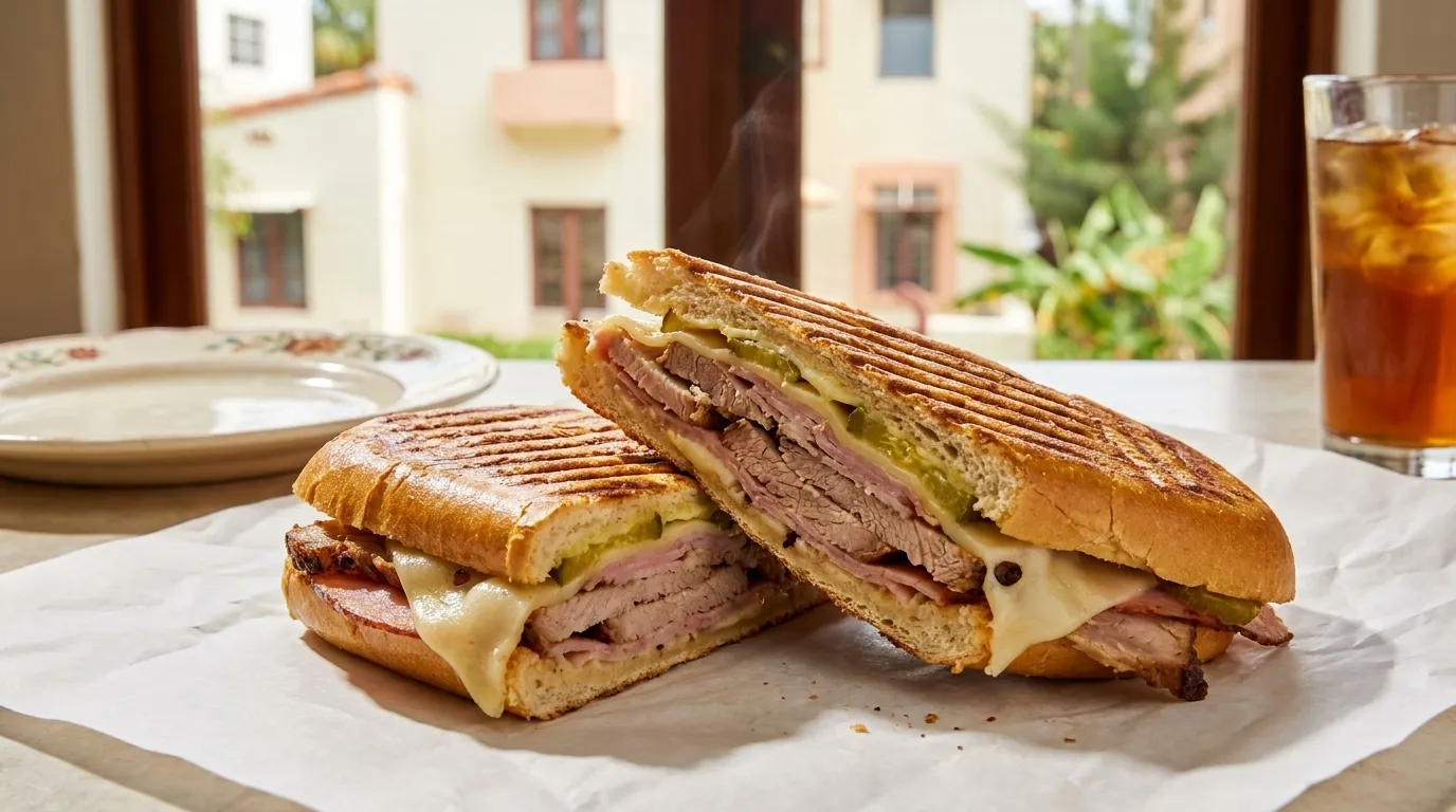 Pressed Cuban sandwich with roast pork, ham, Swiss cheese, pickles on golden bread