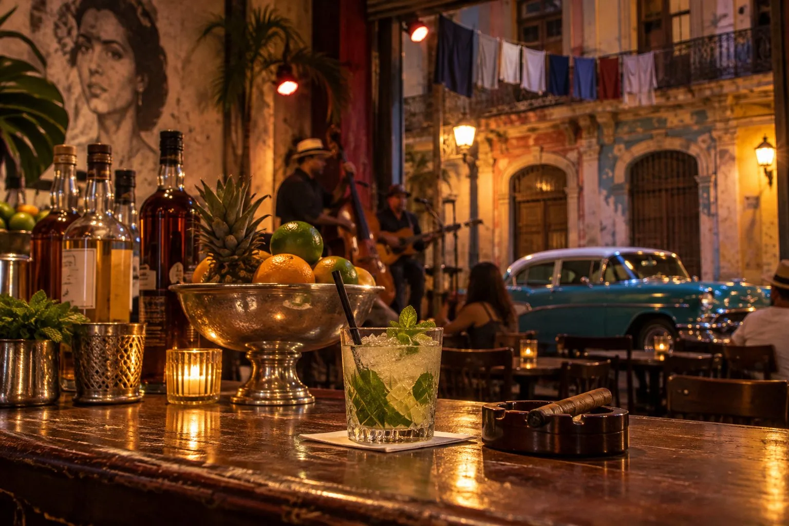 The weathered Havana-style dining room at Café La Trova with its oversized wooden bar, rum bottles, hanging laundry and stage lighting