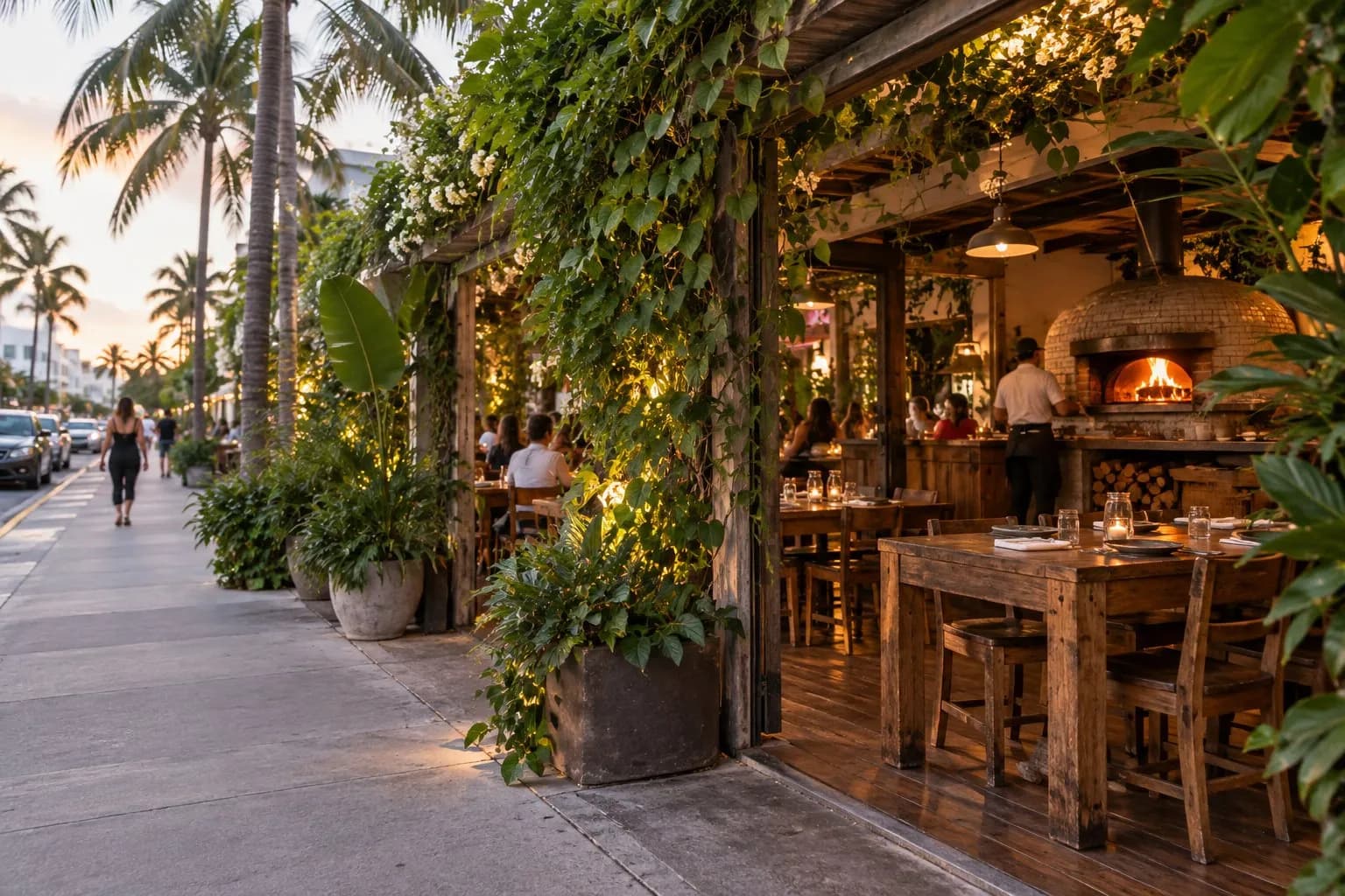 Lucali Miami wood-fired brick oven at the rear of a rustic dining room with plank floors and greenery-covered frontage