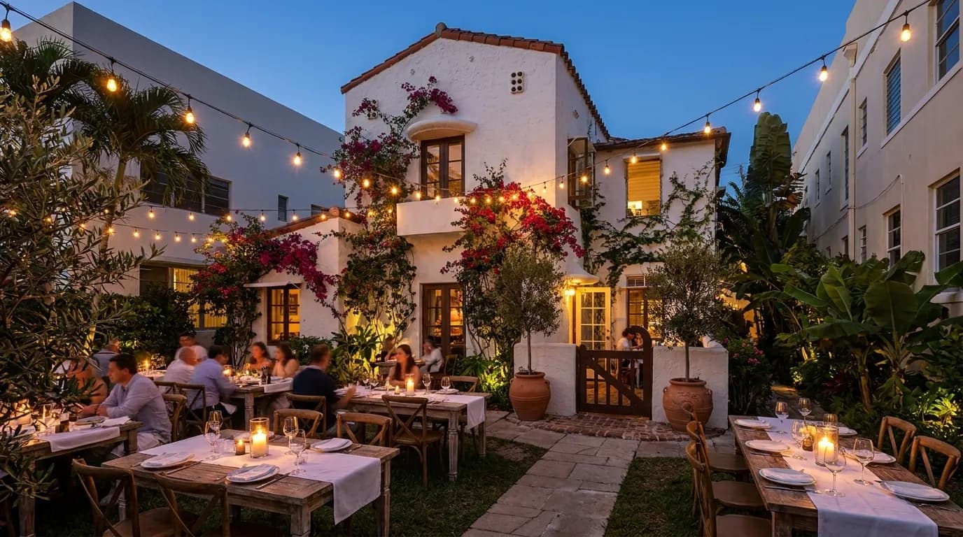 Outdoor courtyard dining area at Mandolin Aegean Bistro with white walls and Mediterranean plants
