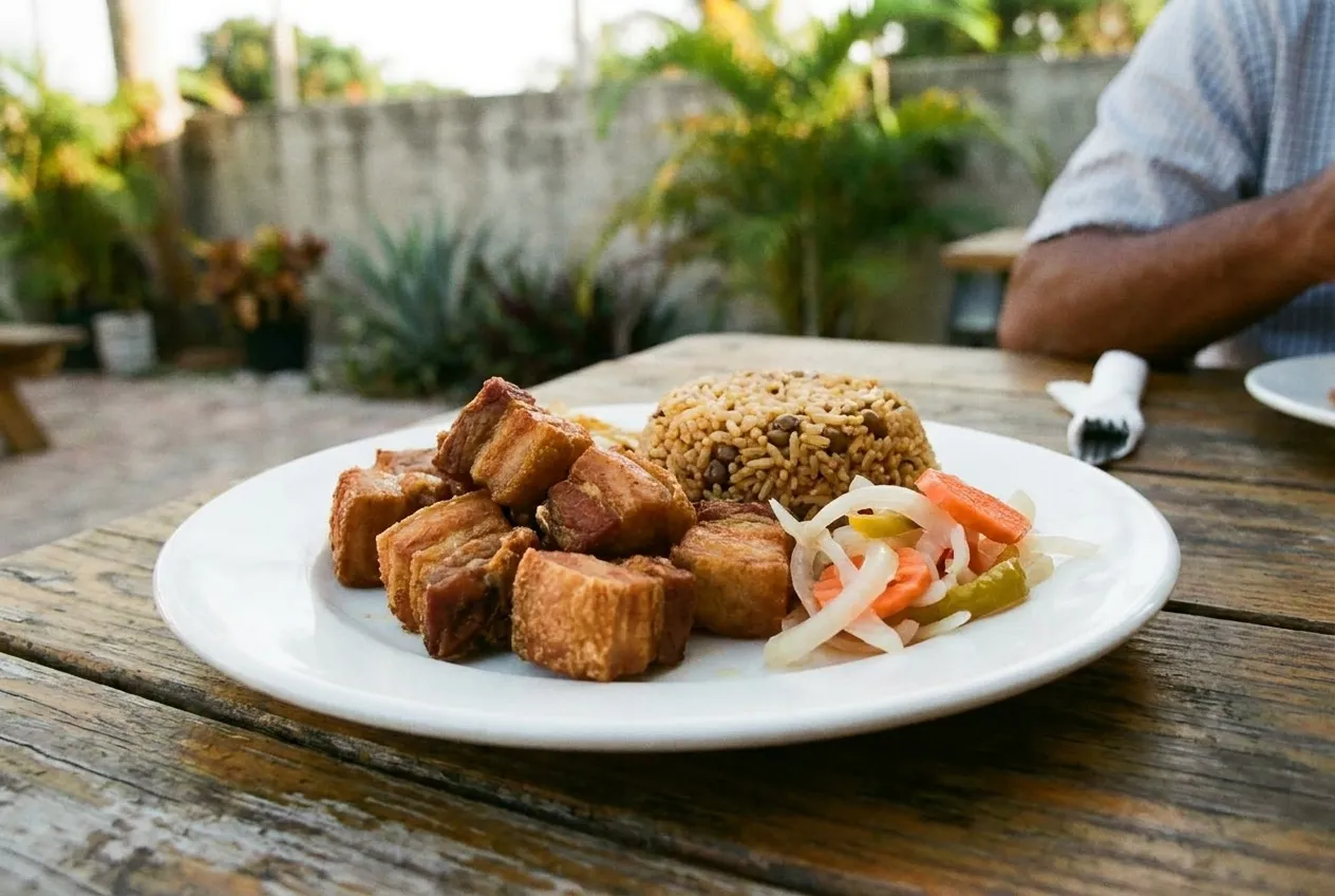 A plate of fried pork with rice and pickled vegetables photographed close