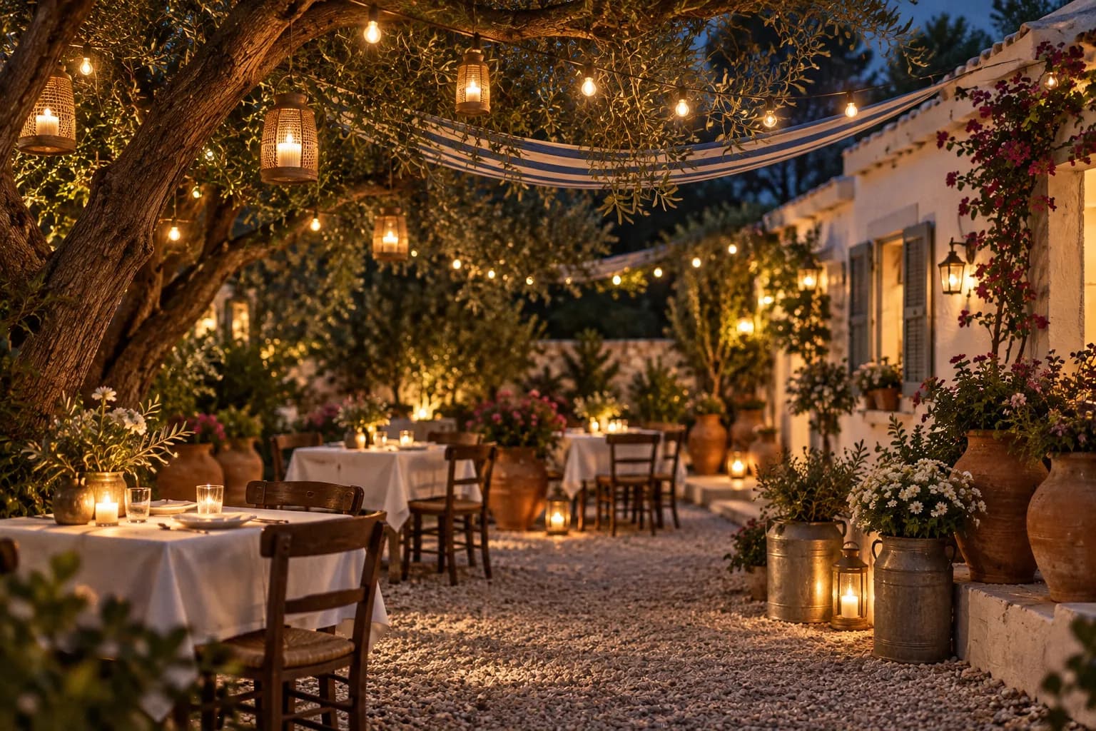 A lantern-lit garden courtyard behind a low white house at night