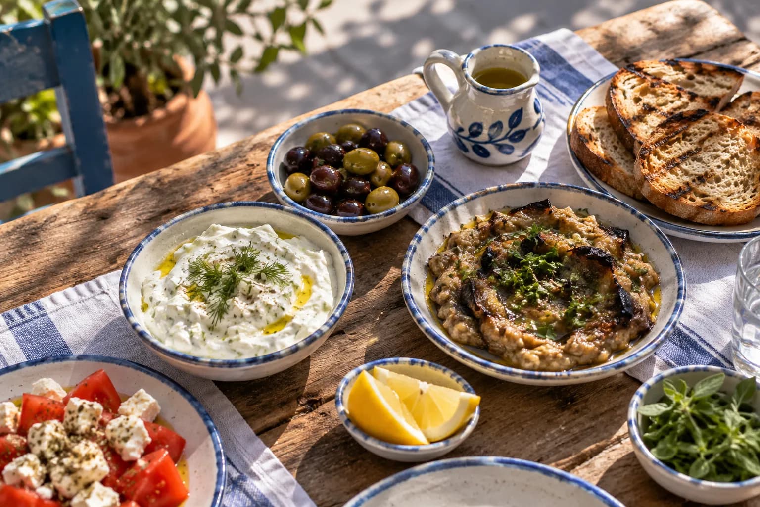 A table of Greek mezze dishes with bread and olive oil