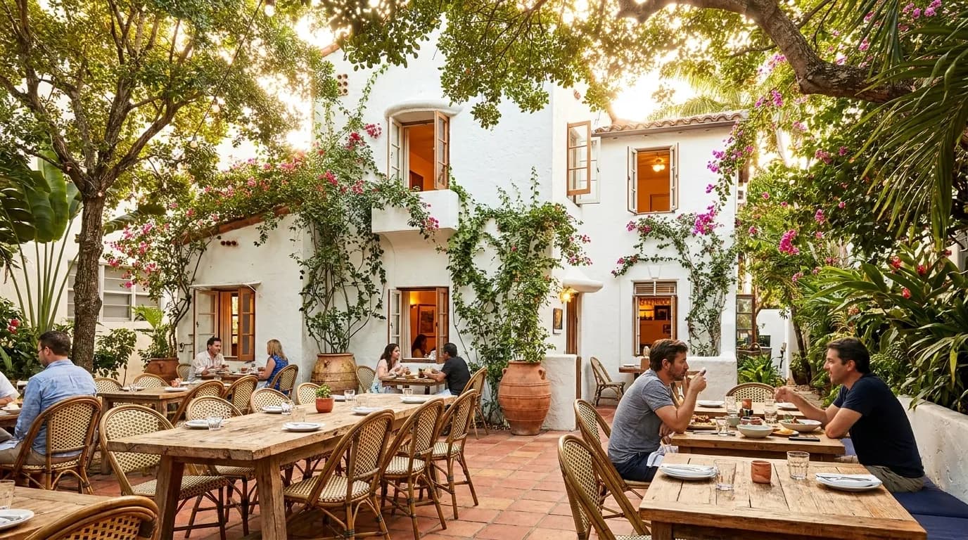 Outdoor courtyard dining at Mandolin Aegean Bistro in Miami Design District