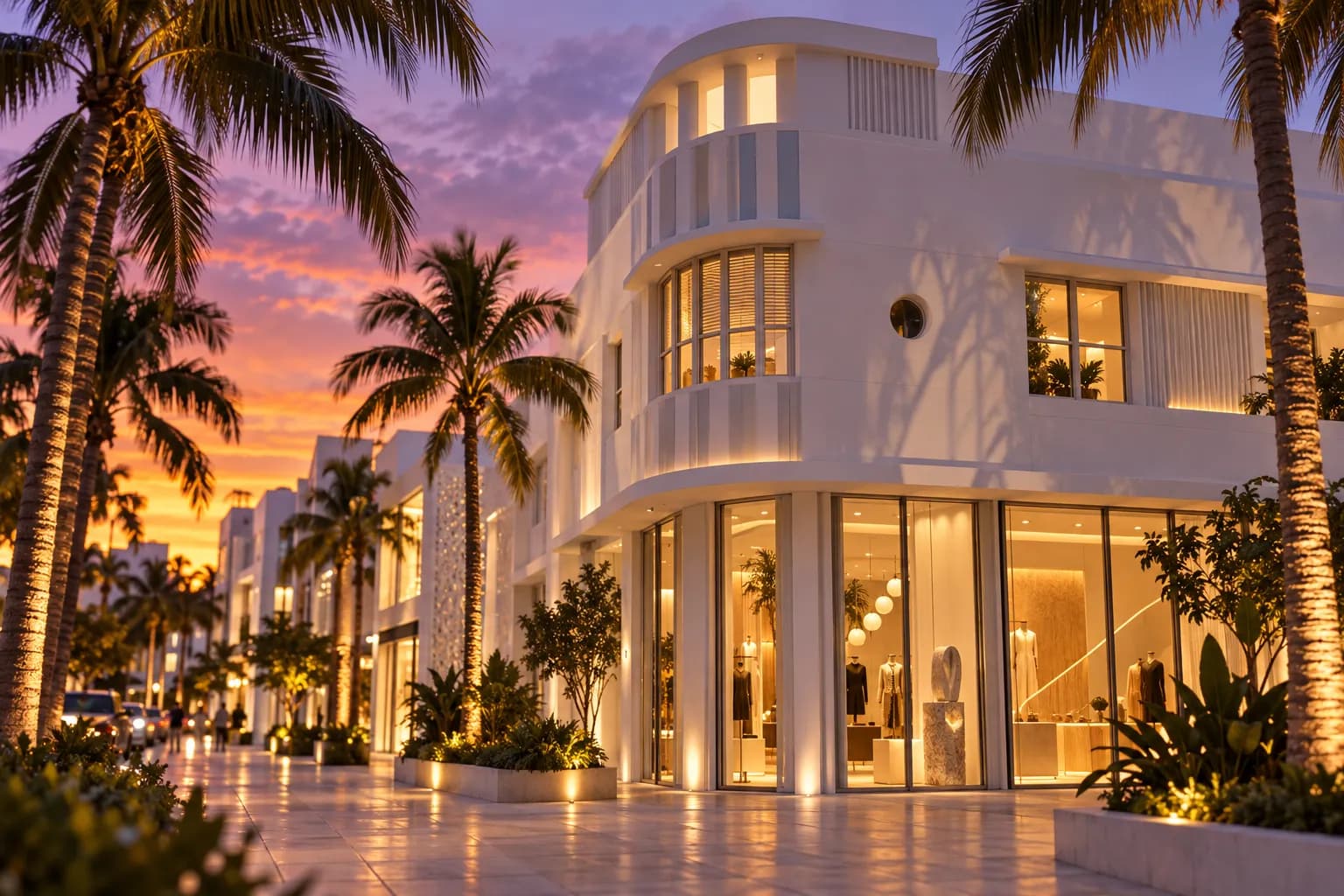 A Design District street with modern architecture and palms at dusk