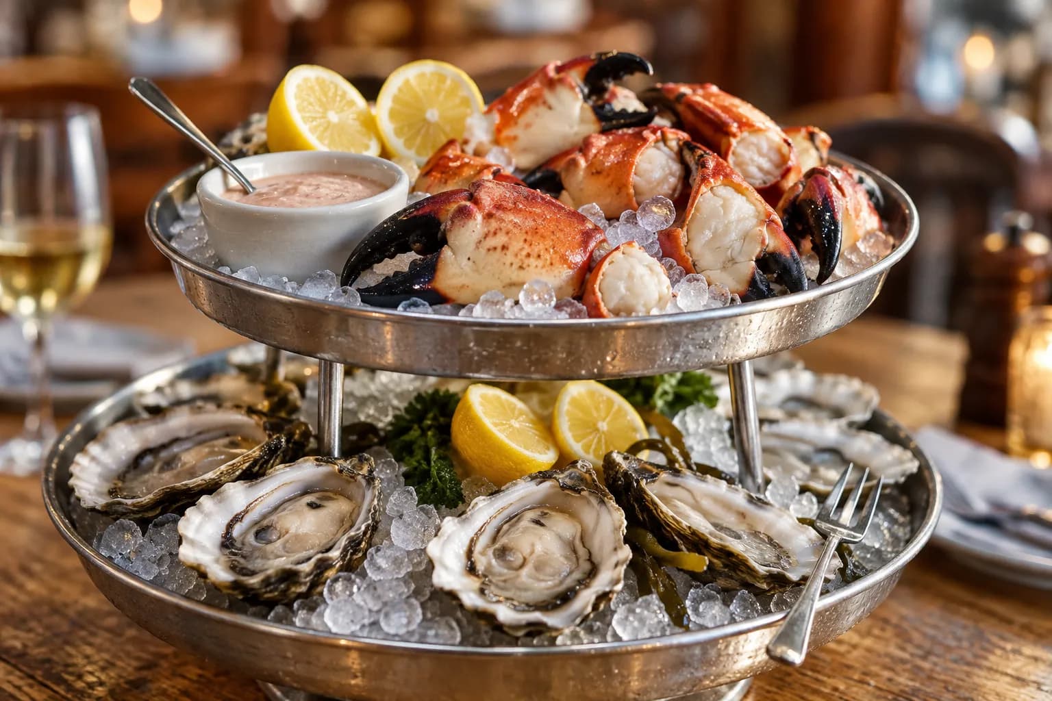 A raw bar platter of oysters and stone crab on ice
