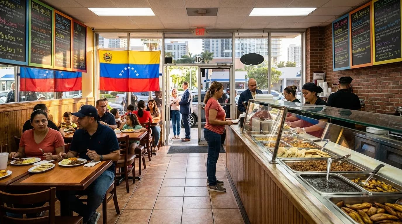 Counter service at a Venezuelan restaurant in Doral with arepas and traditional dishes on display