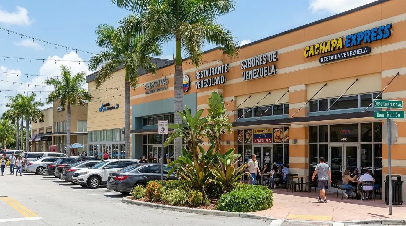 Street view of Venezuelan restaurants along a Doral commercial strip