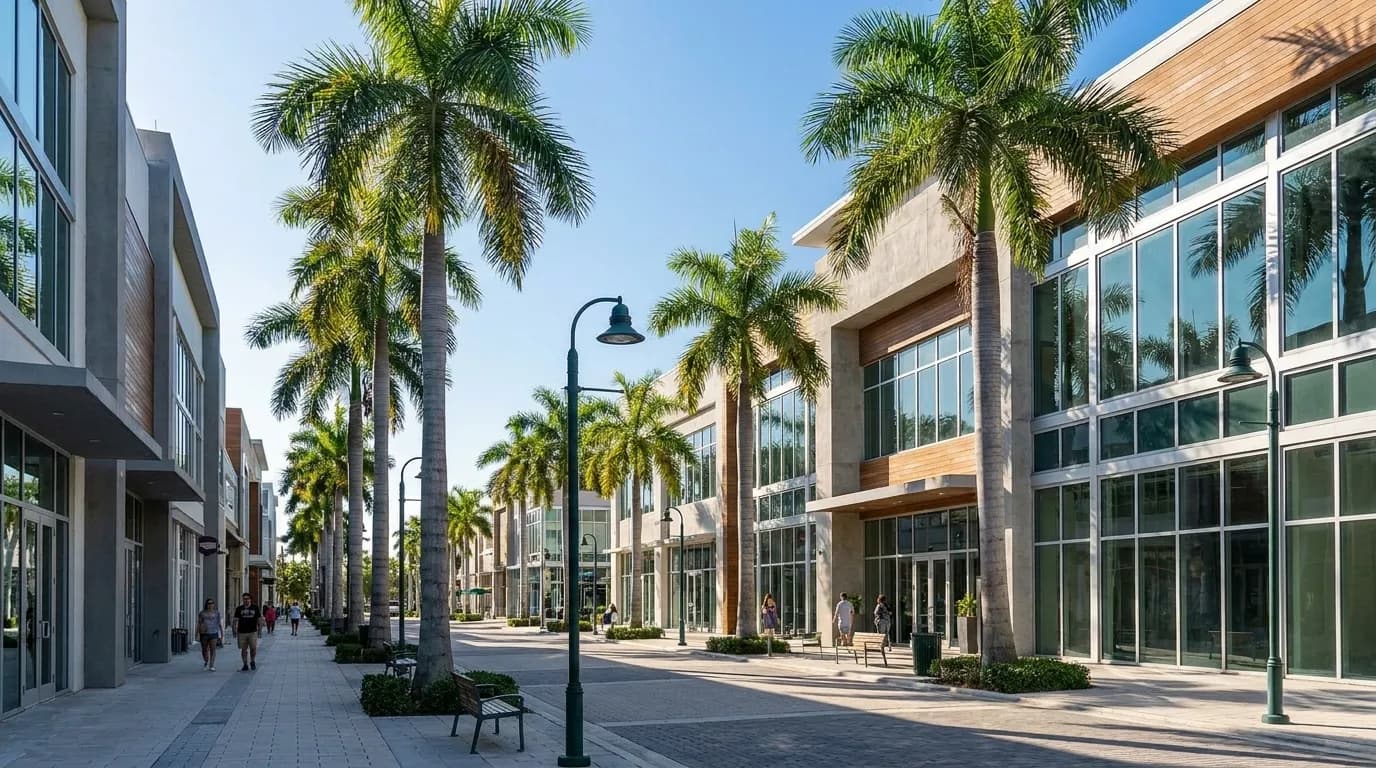 Wide street view of Doral, Miami showing commercial buildings and palm trees