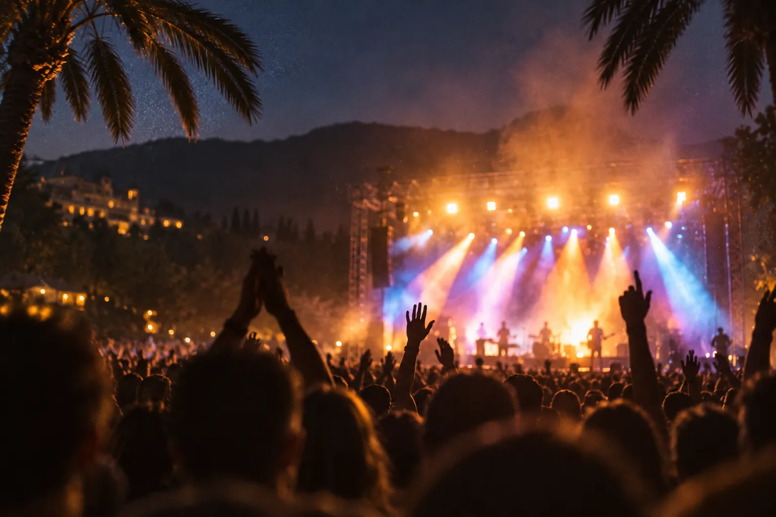 A concert stage lit at night seen across a standing crowd