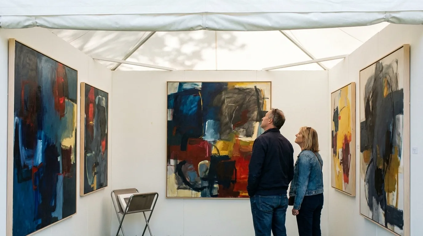 Visitors browsing large framed artworks displayed inside an open white festival tent on a sunny day.